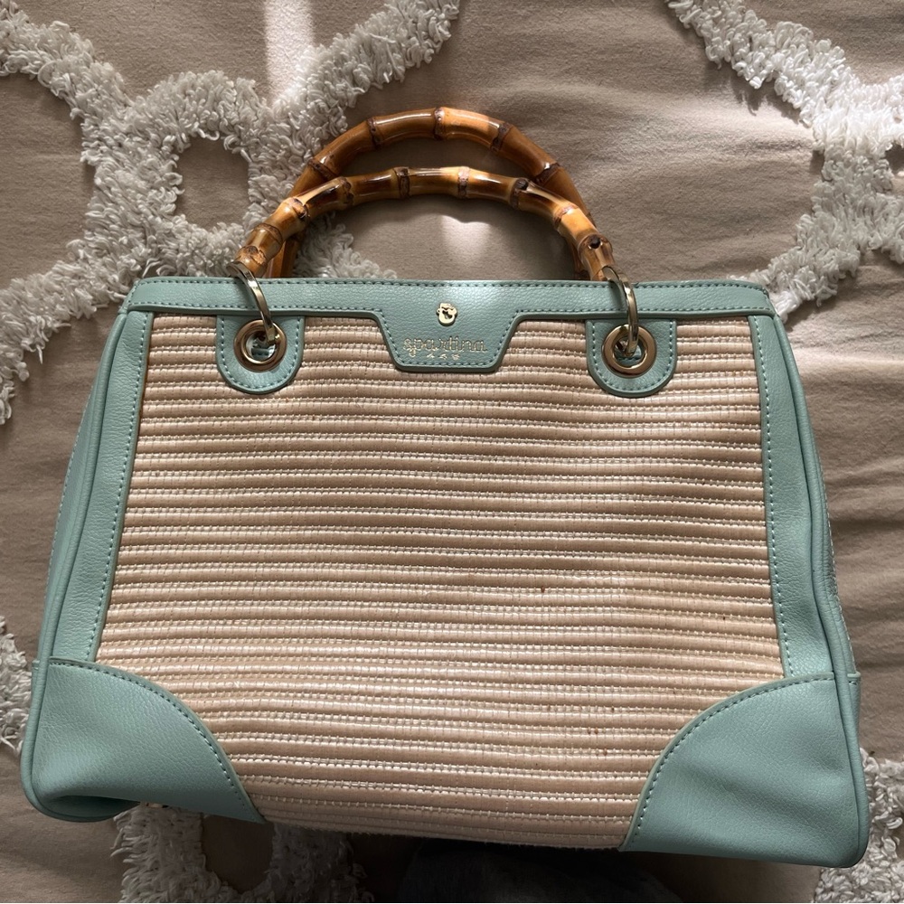 Spartina 449 mint green leather and straw handbag wallet set